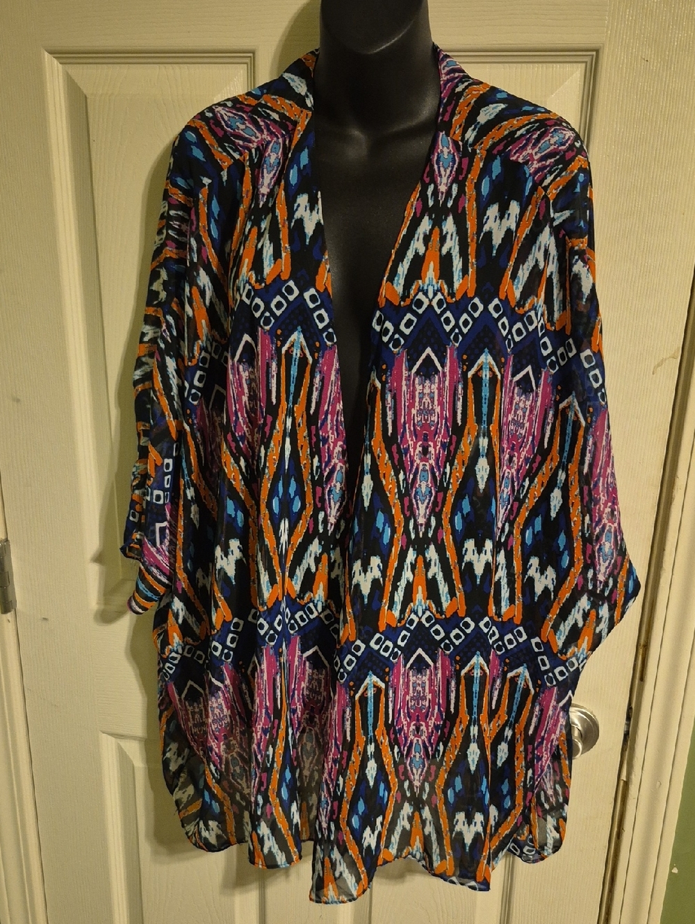 Open-Front Multicolor Printed Kimono Cover-Up